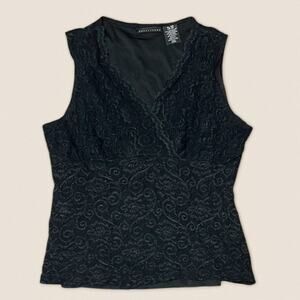 Vintage 90s Black Floral Lace Tank Top V neck Apostrophe- Size XL